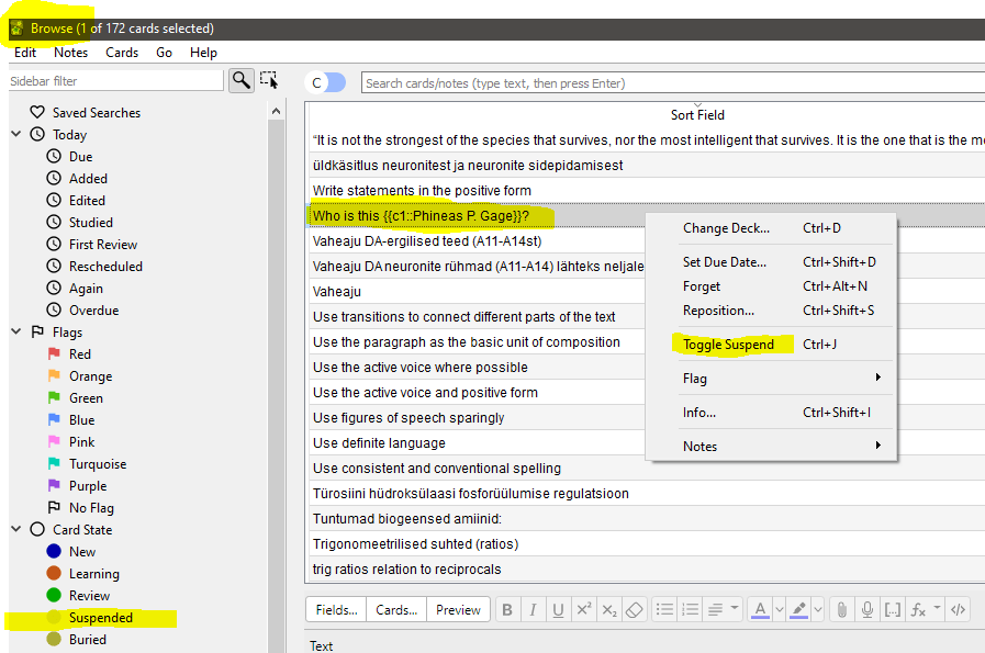 Image of how to unsuspend and suspend cards in Anki.