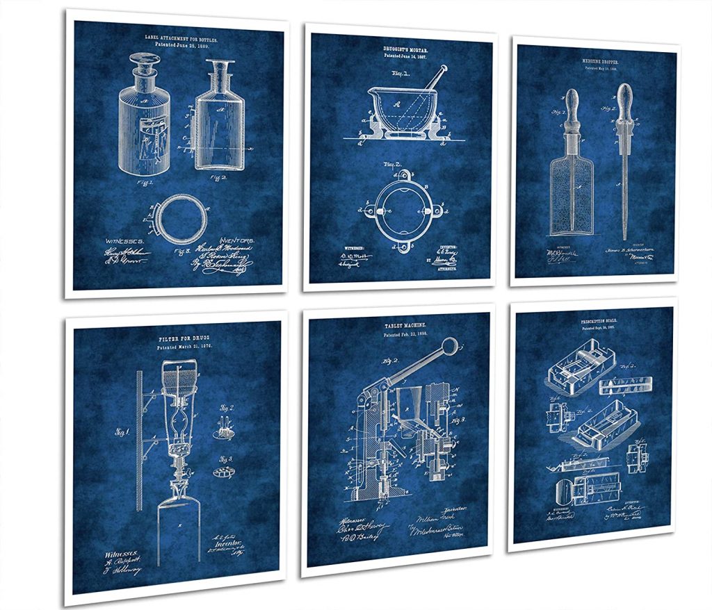scientific decor - blueprints for tools used in chemistry like a pestle and mortar